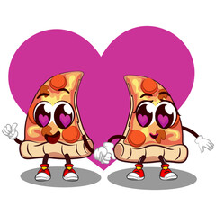 Wall Mural - two slices of cute pizza character with cute face mascot couple in love, isolated cartoon vector illustration. two slices of cute pizza mascot