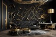 Interior with a beautiful black wall with pattern polygons and furniture with golden fittings.