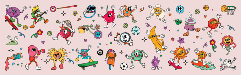 Wall Mural - Mega set of 70s groovy element vector. Collection of cartoon characters, doodle smile face, boxing, sun, skateboard, banana, flower, football. Cute retro groovy hippie design for decorative, sticker.