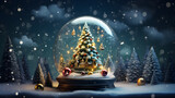 Fototapeta  - Winter Wonderland, Magical Christmas Tree and Snow Globe