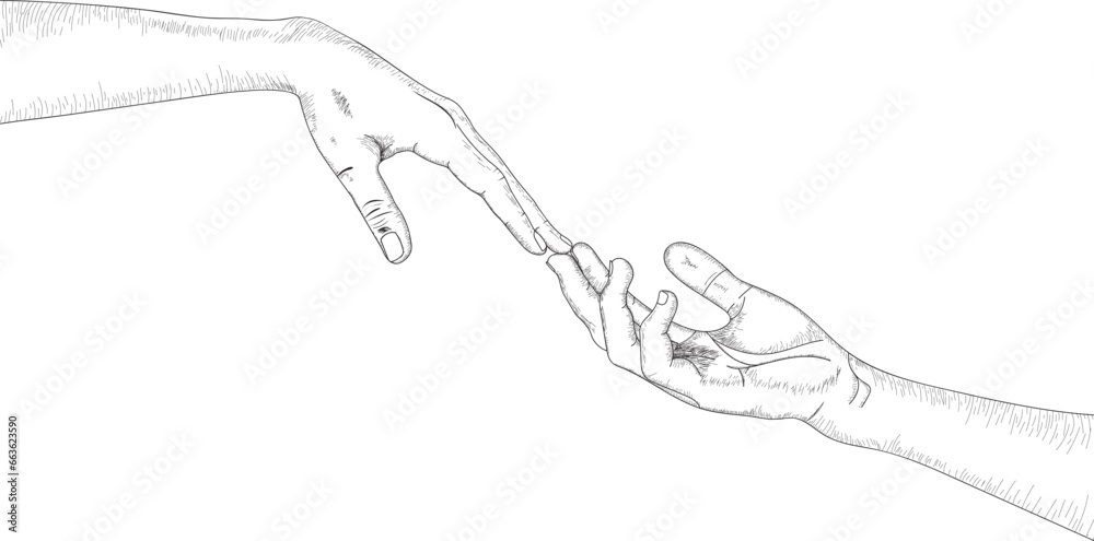 Two hands touching each other sketch, two hand sketch, signs and signals sketch drawing, Sketch style drawing from lines, hand line art