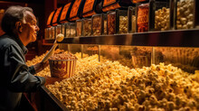 Close - Up Photo Of A Bucket Of Fresh Popcorn Is Taken From Its Basket Inside A Movie Theater