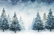 Watercolor Greeting Card Of Christmas Trees In The Forest