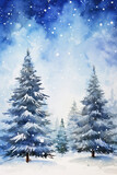 Fototapeta Natura - Watercolor Greeting card of Christmas trees in the forest
