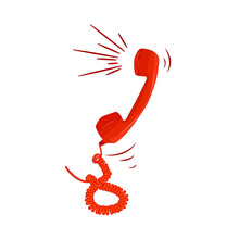 Telephone receiver isolated on white background. Red ringing handset. Hotline symbol. Contact center or urgent call concept. Talking with service support hotline. Stock vector illustration