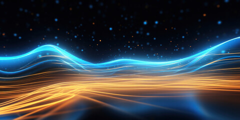 Poster - Abstract background with gold and blue glowing neon moving high speed line and wave and bokeh lights horizontal to vertical. Data transfer concept, reflect on the floor.