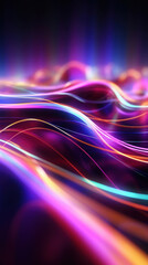 Poster - Abstract background with colorful glowing neon moving high speed line and wave and bokeh lights horizontal to vertical. Data transfer concept, reflect on the floor.