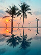 Background outdoor sunset over pool at coconut tree summer beach resort, tropical landscape beautiful.