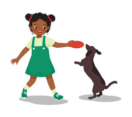 Sticker - Cute little African girl playing with her pet dog