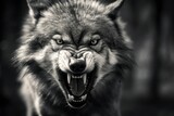 Fototapeta  - Greyscale closeup shot of an angry wolf with a blurred background.