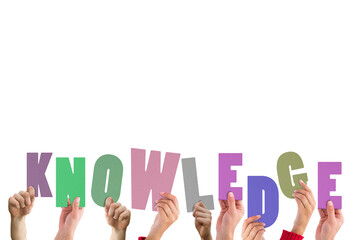Leinwandbilder - Digital png illustration of hands and knowledge text on transparent background