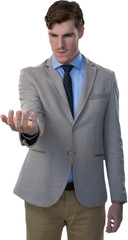 Sticker - Digital png photo of focused caucasian businessman standing with open hand on transparent background