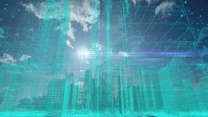 Poster - Futuristic city skyline, artificial intelligence, internet of things, aerial view of future city, holographic city. interweaving of lines and dots, video loop, 4k video, beautiful time lapse