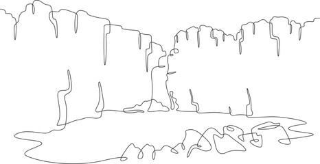 Wall Mural - Waterfall in the mountains. Beautiful mountain waterfall. Rocky landscape. One continuous line. Linear. Hand drawn, white background