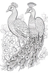 Collection of two stylized peacocks in a line art hand drawn style for kids