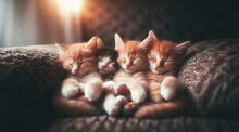 Four Kittens Are Sleeping On The Sofa, Cuddling Together And Looking Adorable. This Is A Heartwarming Sight.