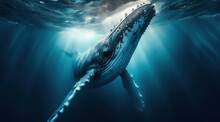 A Detailed View Of A Majestic Humpback Whale Swimming Beneath The Surface Of The Water.
