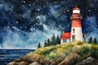 Nighttime watercolor of lighthouse on grassy hill under starry sky. Generative AI