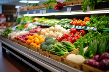 Fruits and vegetables on shop stand in supermarket grocery store.