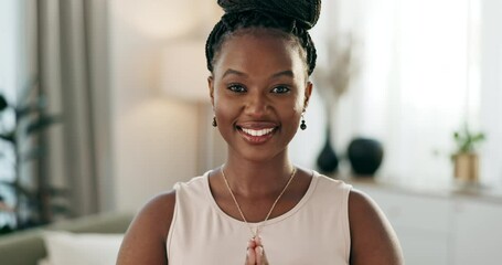 Poster - Happy, prayer or face of black woman in yoga meditation in home studio for wellness, peace or balance. Smile, relax or zen African person in worship for energy training, breathe or holistic exercise