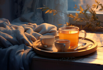 Cozy Winter Morning, Relaxing with a Steaming Cup of Tea in Bed