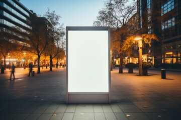 white blank advertising billboard. street mockup panel. digital lightbox poster ad banner board. bus shelter advertising. green park background. vertical format sign. Generated AI