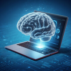 Wall Mural - A realistic rendering of a human brain on a laptop, a symbol of artificial intelligence and the future of technology 