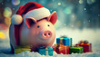 Weihnachtsgeschenk verpackt in Schnee mit Sparschwein für sparen Anschaffung Sparplan Weihnachten Geschenke Überraschung Vorlage für Karte Weihnachtsgrüße Weihnachtskarte Motiv Idee Generative AI 