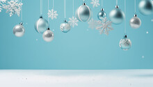 Snow Background With Green Baubles Hanging On String Ornaments .