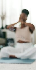 Wall Mural - Yoga, incense or woman in prayer meditation in home or house studio for wellness, peace or balance. Blur, relax or zen African person in pilates for energy training, breathe or holistic exercise