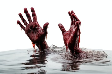 Fototapeta bloody hands reaching out of water on isolated white background. halloween theme.
