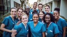 A Group Of Nursing Students Training At A College And Their Medical Colleagues Smile For The Camera.