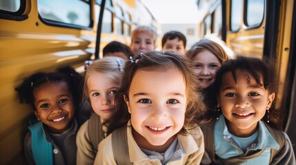 A group of smiling kindergarten students look at the camera preparing to go on a field trip with a bus in the background.