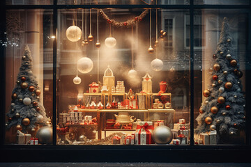 Wall Mural - Stylish luxury vintage glass shop window decorated with Christmas lights, balls and gifts. Merry Christmas. Happy holidays