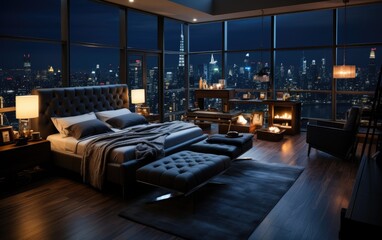 Wall Mural - penthouse bedroom at night, dark and gloomy, A room with a view of the city  of lighting, focus from balcony from the bed AI Generative