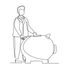 Wall Mural - Continuous single line sketch drawing of business man save coin in piggy bank. Vector illustration of one line money investment financial economy