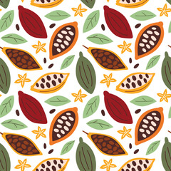 Cocoa fruits and leaves, hand drawn seamless pattern with cacao doodles, colored plant ornament of  tropical fruits icons, wrapping paper for chocolate, vector illustrations of cocoa beans