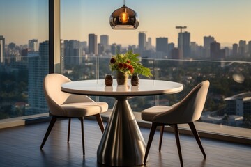 Contemporary round dining table with 2 chairs and city view.