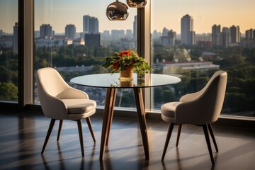 Contemporary round dining table with 2 chairs and city view.