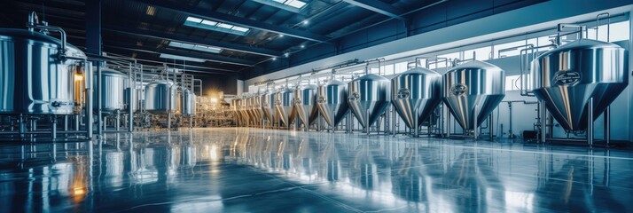 Canvas Print - Large steel fermentation tanks in spacious hall at modern alcohol production factory.