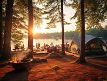A Serene Summer Campsite By The Lake, With Rustic Style And Raw Natural Beauty.