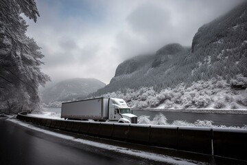 Sticker - A powerful truck carrying frozen goods in a cooled trailer along the spacious highway of the Columbia Gorge. Generative AI