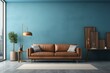 Minimalistic city theme room featuring a brown sofa and blue wall. Generative AI