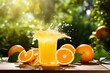 Sliced orange fruit splashes orange juice on table, with orange garden in the background. Generative AI