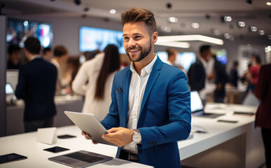 Aufkleber - Professional consultation, Sales consultant advises people who chooses new digital devices in store.