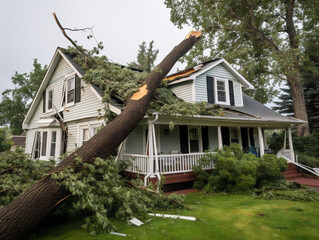 A destructive storm causes a fallen tree to damage a house's roof, requiring insurance assistance.