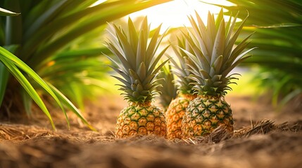 Sticker - Pineapple tropical fruit growing in garden. space for texture