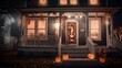 Night view of the glowing house with an entrance staircase and a pumpkin decoration for Halloween