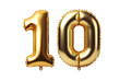 Ten number 10 font golden balloon isolated on white transparent background, PNG