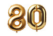 80 number eighty font golden balloon isolated on white transparent background, PNG